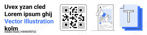 Marketing, advertising, digital identity, QR codes, information sharing, communication. QR code, text elements megaphone and layered content graphics. Marketing and advertising concepts