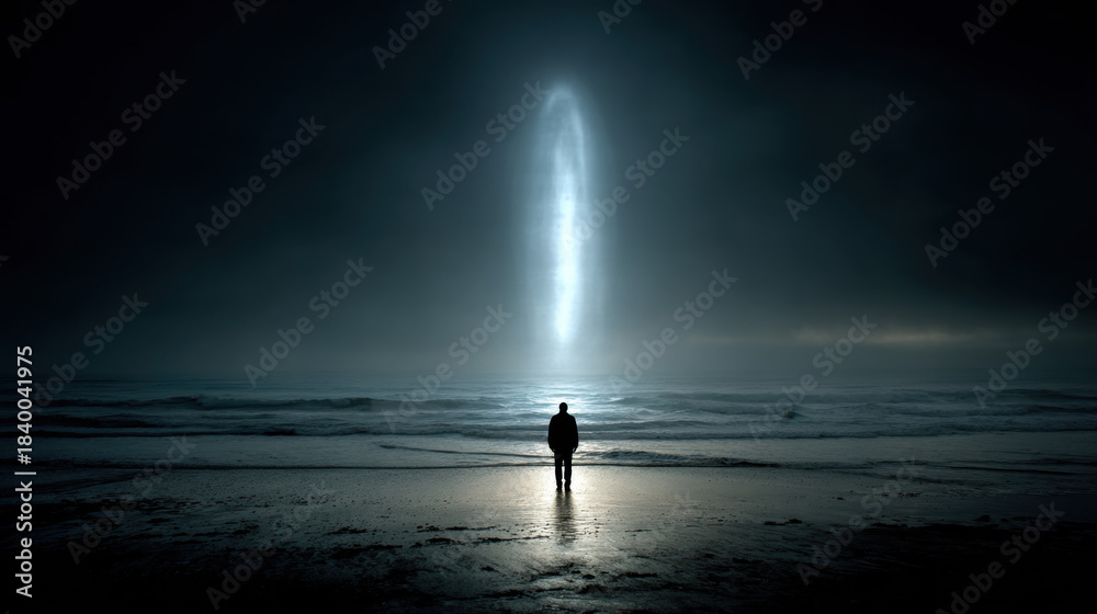 Fototapeta premium Man stands on shoreline at night under bright alien light beam. Mysterious glowing ufo apparition above ocean. Sci fi horror concept.