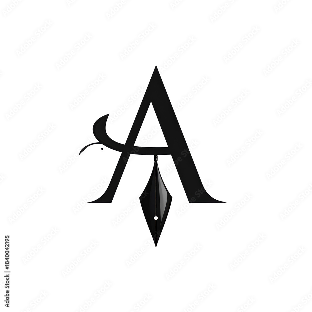 Fototapeta premium Stylized letter A with a quill pen symbol in monochrome tones