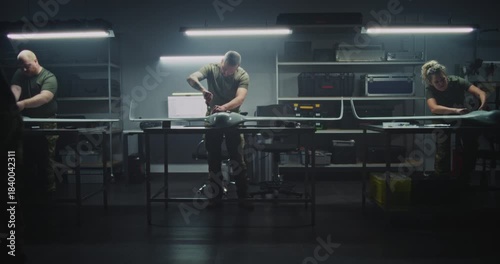 Woman and Two Men Collaboratively Assemble Unmanned Aerial Vehicle in Secure, Well Organized Workshop. Concept of Gender Diversity and Focused Teamwork in High Stakes Technology Defense Production.