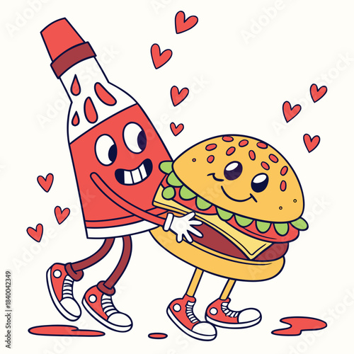 A cute cartoon ketchup bottle hugging a happy hamburger with hearts floating around them, depicting a fun food friendship.