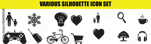 Various silhouette icon set including family, snowflake, light bulb, hearts, gamepad, luggage, bicycle, shopping cart, tree, and headphones