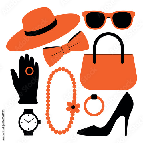 Illustration of a collection of fashion accessories including a hat and sunglasses