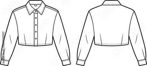 Cropped jacket technical drawing, front and back view, long sleeve short jacket, fashion flat sketch illustration