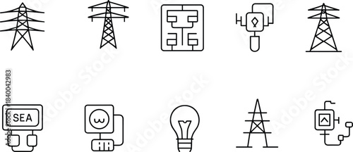 Electric power transmission and utility icons set, energy infrastructure, power grid, wiring, industrial line illustration