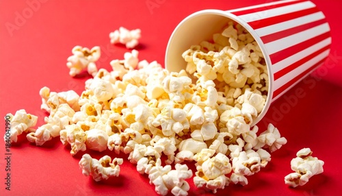 Spilled popcorn from striped tub on vibrant red surface with fresh popped kernels