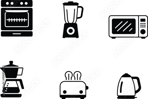 Kitchen appliance icons set, oven, blender, microwave, coffee maker, toaster, electric kettle, household equipment illustration