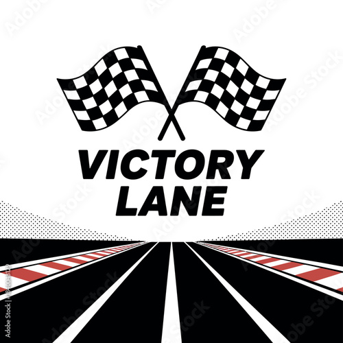 Illustration of checkered flags above victory lane text and racing track design