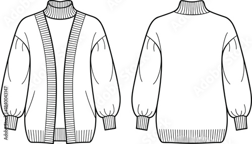 Knit open cardigan technical drawing, front and back view, long sleeve sweater, fashion flat sketch illustration design
