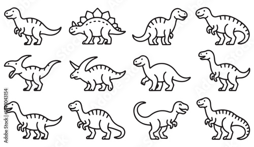 Cute line dinosaur characters set with various species in fun, minimal cartoon outlines