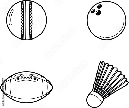 Set of four sports equipment outlines: cricket ball, bowling ball, American football, and badminton shuttlecock, game element vector illustration collection