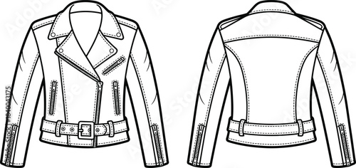 Leather biker jacket technical drawing, front and back view, fashion flat sketch, zipper details garment illustration