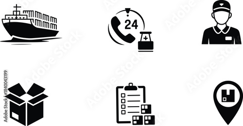 Logistics and delivery service icons set, shipping, customer support, courier, packaging, tracking, warehouse, location symbols illustrationLogistics and 
