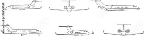 Private jet airplane technical illustration set, business aircraft front, side and perspective views, aviation line drawing design