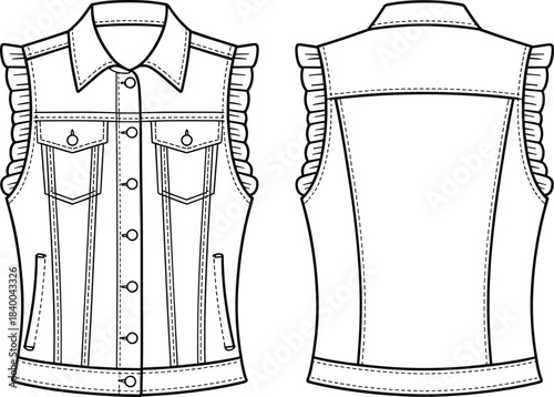 Sleeveless denim vest technical drawing, front and back view, fashion flat sketch, ruffle detail garment illustration