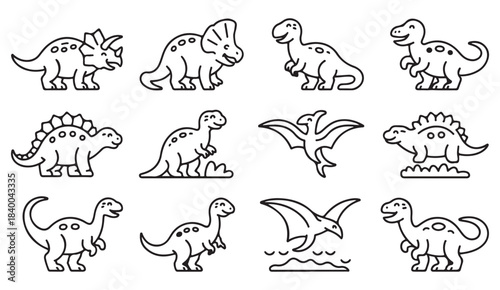 Linear dinosaur icons including triceratops, sauropods, flying reptiles, and baby dinos