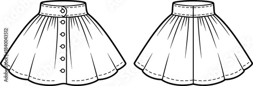 Women flared skirt technical drawing, front and back view, buttoned waistband, fashion flat sketch illustration design