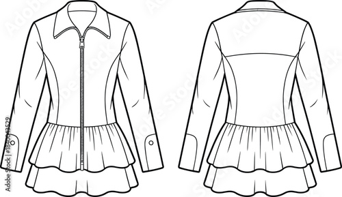 Women peplum jacket technical drawing, front and back view, zip closure, ruffle hem detail, fashion flat sketch illustration