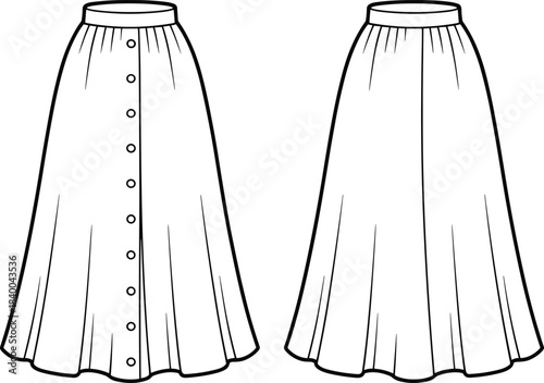 Women long skirt technical drawing, front and back view, button closure, classic midi skirt, fashion flat sketch illustration