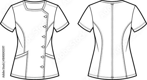 Women short sleeve blouse technical drawing, front and back view, fashion flat sketch, garment pattern illustration
