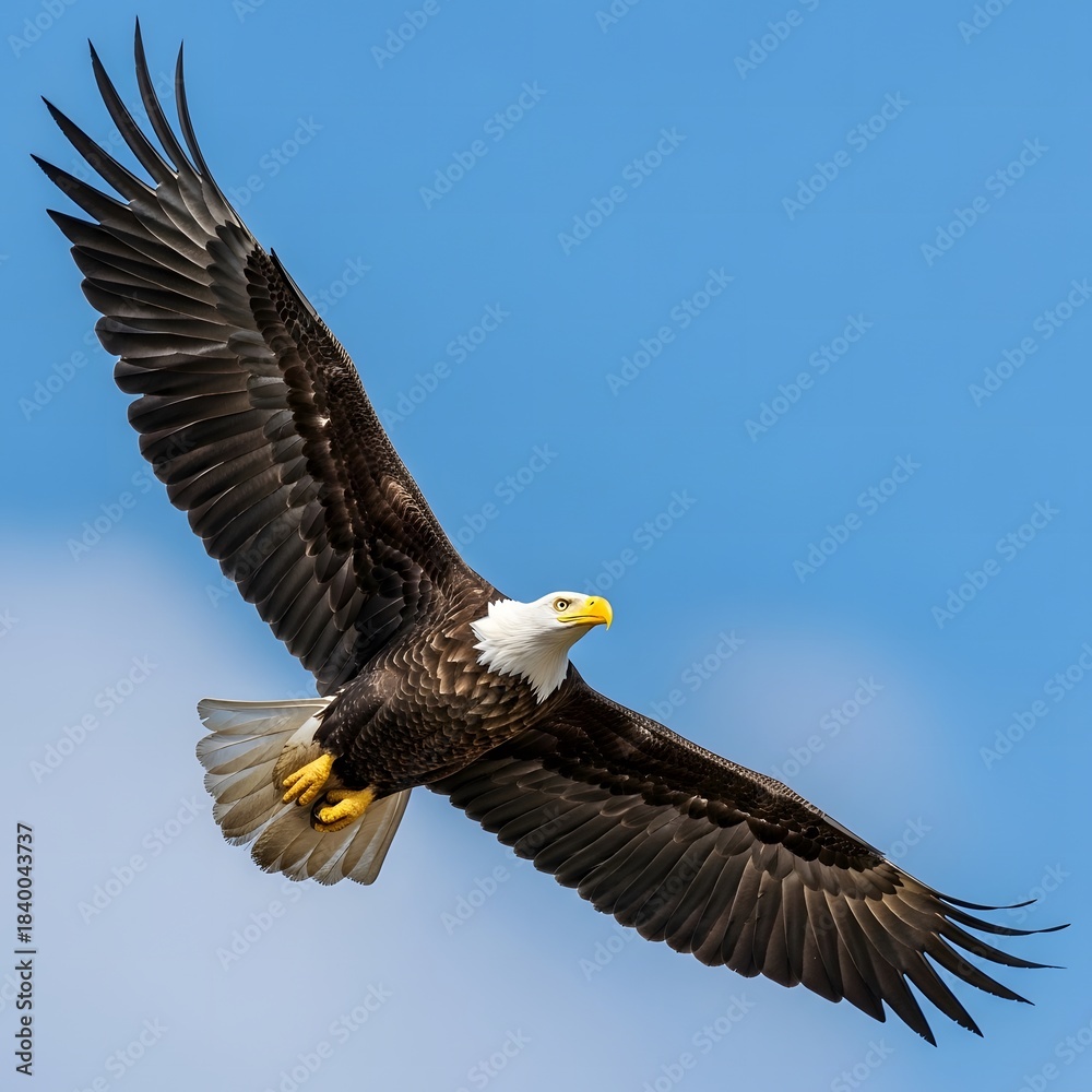 Fototapeta premium Majestic bald eagle soaring through clear blue sky with wings fully extended