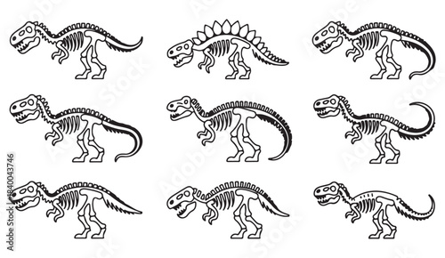 Simple outline paleontology skeleton icons for museums, education, and scientific graphics