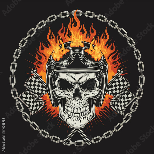 Flaming Skull Helmet Emblem Surrounded by Chain Ring.