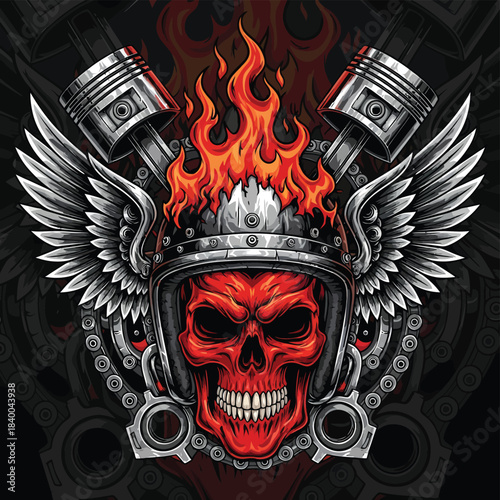Fiery Skull with Helmet and Wings Illustration.