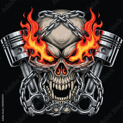 Flaming skull with chains and pistons 1.