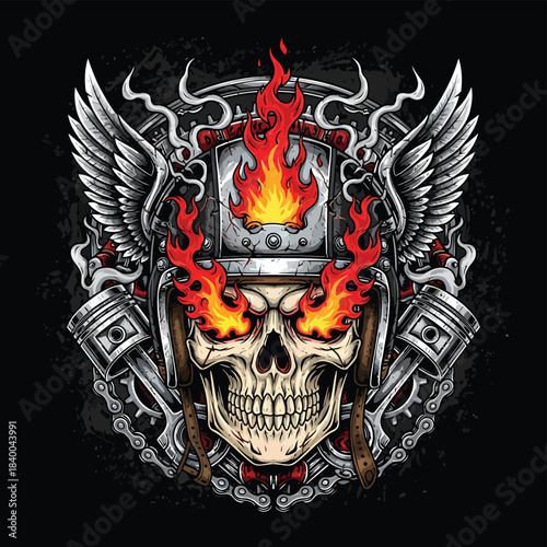 Flaming skull with wings and metallic helmet.