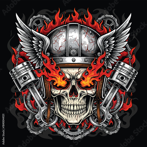 Skull wearing metallic helmet with wings and flames.