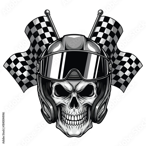 Skull Wearing Racing Helmet with Checkered Flags.