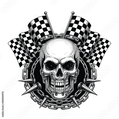 Skull With Chain And Spikes And Checkered Flags.