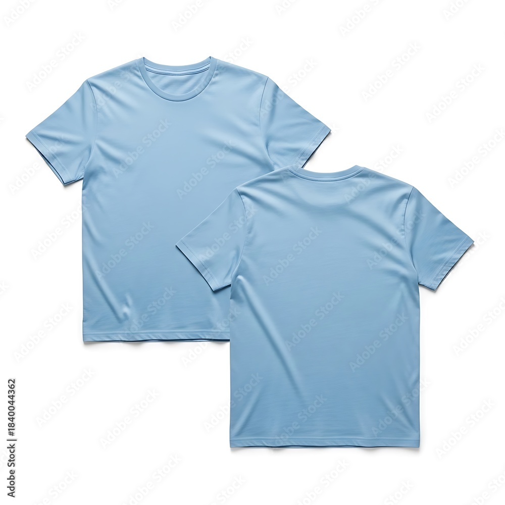 Fototapeta premium Light Blue T-Shirt Front and Back View on White Background.