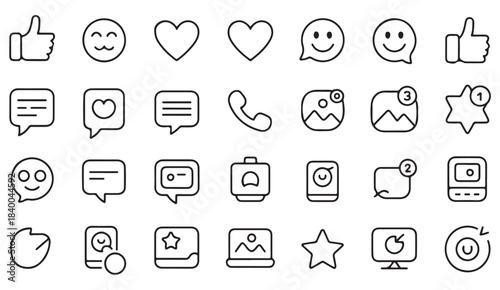 Minimal line emoji and communication icon collection with hearts, smileys, comments, and share graphics