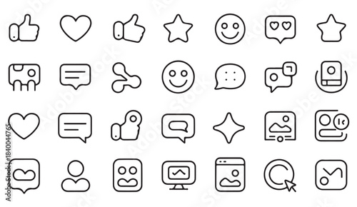Linear communication and emoji icons including chat bubbles, share signs, stars, images, and digital reactions