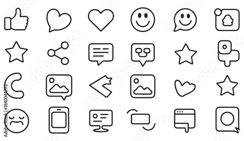 Thin line social media icon pack featuring likes, hearts, comments, messages, reactions, and interface symbols