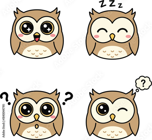 Four adorable cartoon owls displaying a range of emotions including happiness, sleepiness, confusion, and curiosity.