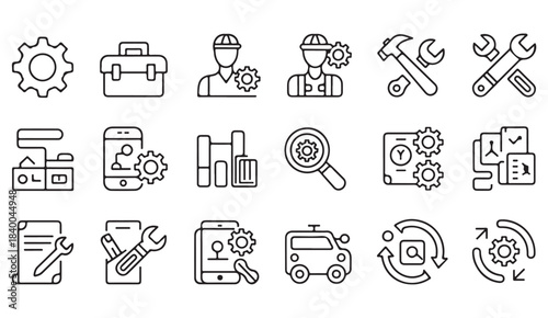 Minimal line technical support symbols set showing tools, gears, documents, and update elements