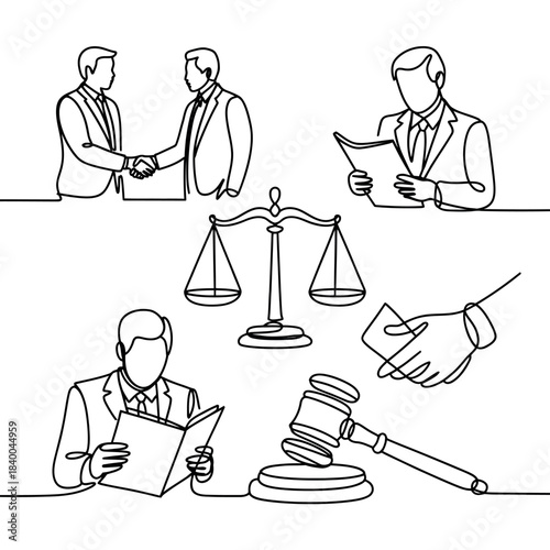 Continuous line drawing of legal themes with handshake scale gavel and reading figures