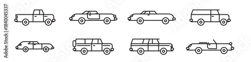 Charming outlined car clipart set with a variety of small hand-drawn vehicles great for kids’ art, stickers, and playful design, vector illustration.