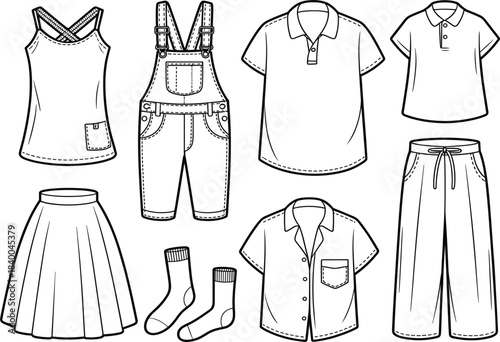 Set of hand-drawn women's and children's summer clothing outlines: polo shirt, overalls, skirt, tank top, and socks, fashion collection vector