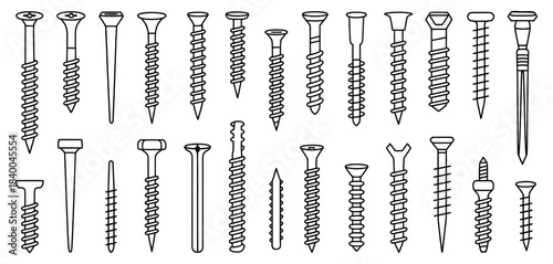 Metal Fasteners Outline Vector Set – Isolated Screws, Bolts, Nuts, and Hardware Elements in Clean Line Art Style for Technical Illustration and Engineering Design
