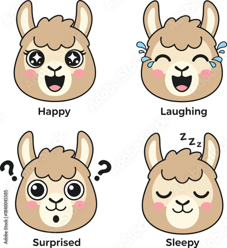 Four cute cartoon llama faces showing different emotions: happy, laughing, surprised, and sleepy expressions.