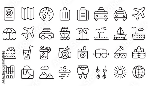 Minimal outline vacation icon pack featuring luggage, maps, palm trees, and summer elements