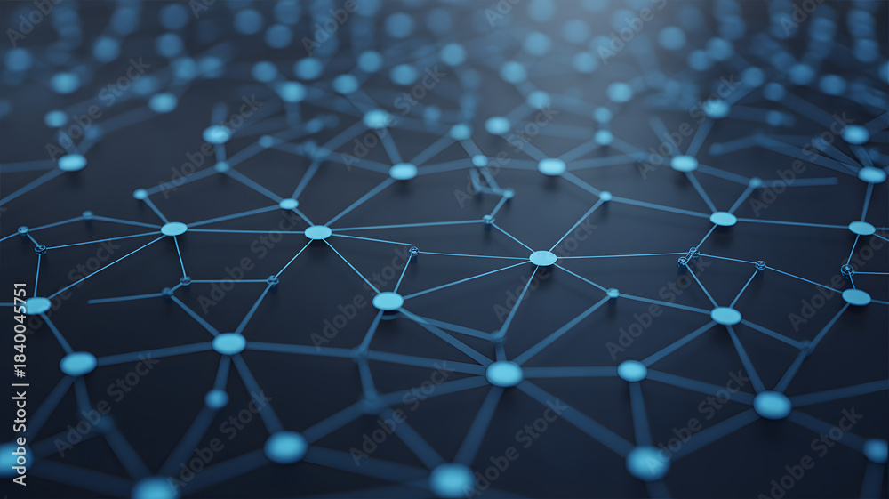 Obraz premium Artificial Intelligence Abstract network design with interconnected nodes and links on a dark background.