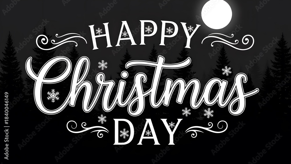 Fototapeta premium Happy christmas day greeting with snowflakes and moon in a dark forest silhouette
