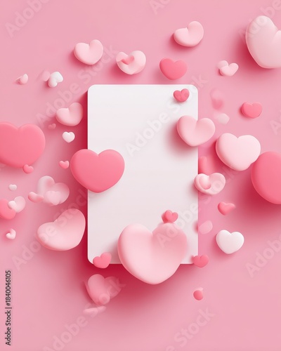 Pink background with floating hearts for valentine. Minimal 3D render of pink and white hearts floating around a blank card on pink background. Modern, romantic design for valentine’s day