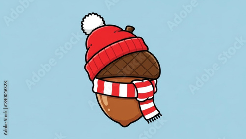 Acorn in Winter Attire: A charming illustrated acorn, adorned in a cozy red winter hat and scarf, embodies the warmth and cheer of the season, evoking a sense of joy and the magic of winter.