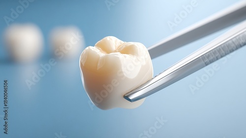 Close-up shot of a manufactured tooth held by metal tweezers, highlighting dental restoration and precision.